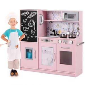 COSTWAY Cuisine Enfants en Bois avec Tableau Noir & T&eacute;l&eacute;phone, Jeu de Cuisine Enfants avec Micro-Ondes & Machine de Gla&ccedil;ons, Jeu d&rsquo;Imitation pour Enfants de 3-6 Ans, 82 x 24 x 80 cm (Rose Clair) (FDS GmbH, neuf)