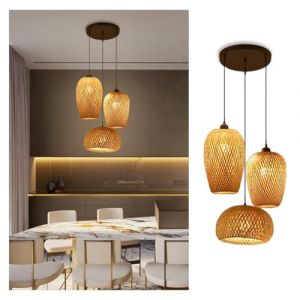 PANNN Vintage Style Boh&egrave;me 3 Suspension Luminaire Abat Jour Rotin E27 Lustre Noir Lustre Salon Plafonnier Led Suspension Rotin En Osier Pour Cuisine Salle &Agrave; Manger Chambre &Eacute;clairage(B) (PANNN_Store, neuf)