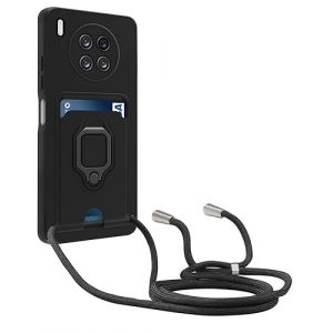 YFSYLL Coque Compatible avec Huawei Honor 50 Lite/Huawei Nova 8i,Collier pour &Eacute;tui Colliers de cellulaire R&eacute;glable Lanyard Silicone Case,Protection cam&eacute;ra,Support Annulaire,Fentes pour Cartes,Noir (meilijiastore, neuf)