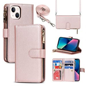 Cavor Copmob Collier Coque iPhone 13 Mini,Flip Portefeuille Étui en Cuir,[9 Fente][Double Fermeture Magnétique],Clapet Housse Etui Rabat avec Cordon pour Mini - Or Rose, (DKLLCS i13 5.4 Rose Gold) (Copmob, neuf)