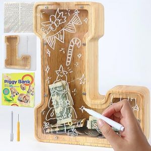 Lakpopya Tirelire en Bois Grande pour Enfant Adulte Tirelire Cochon Personnalisée de Lettres A-Z avec Zone Cible Tirelire Billet Transparente Créative pour Cadeau Décoration Baptême (L) (Never fail, neuf)