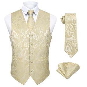 Enlision Gilet de Mariage Beige Homme et Cravate Ensemble Paisley Floral Jacquard Gilets pour Hommes & Cravate et Pochette pour Mariage F&ecirc;te M (QIWEIEUR, neuf)