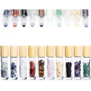 10 Pcs flacon roll on vide avec du cristal,10ml roll on parfum vide verre avec bouchons en bambou,flacon roll on rechargeable,pour huiles essentielles,parfum,aromathérapie (YaPaide, neuf)