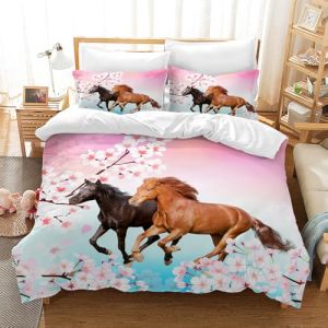 LLTTEER Housse de Couette pour Chevaux Impression 3D,Parure de lit pour Animaux Enfants 3 pièces,Housse de Couette Microfibre avec Fermeture éclair,pour garçons, Adolescents (Cheval 01, 220 x 240 cm) (HELUOUN, neuf)