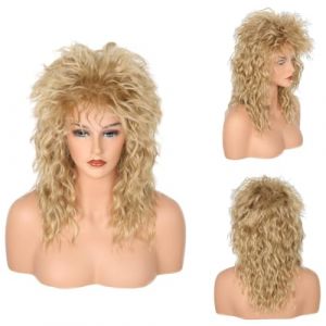 CGVG Perruque style rock des années 70 et 80 avec boucles d'oreilles, collier, perruque de Vokuhila, pour femme, pour fête à thème, carnaval, costume, fête (blond) (PARTYISLAND TRADE LTD, neuf)