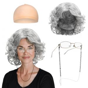 FUIPVGI Déguisement de vieille femme avec perruque granny granny et kit d'accessoires de chaîne pour Halloween, fête mondiale du livre, bal masqué, carnaval (gris) (DONG YI, neuf)