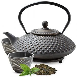 Tealøv THEIERE FONTE 1,25 LITRE SET COMPLET | BOÎTE CADEAU | Service à Thé en Fonte avec Théière, 2 Tasses & Dessous Théière | Entièrement Émaillée de l'Intérieur | Design De Style Japonais | Noir/Or (Cook & Dine, neuf)