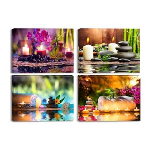 Piy Painting Impression sur Toile Bougies, bambou et pierre Impression Contemporain sur Toile 30cmx40cm X 4 Pi&egrave;ces (Bigol Art, neuf)