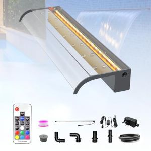 LONGRUN Kit de Cascade de 90cm pour Bassin, Lame de Cascade en Acrylique incurvée avec éclairage LED 7 Couleurs et Télécommande, Largeur 26cm (QIHANGDIANZI, neuf)