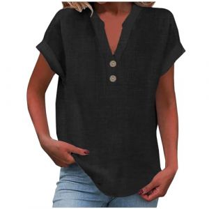 2025 Chemise Lin Femme Coton Et Lin Chemisier élégant à col en V Femme Manches Courtes Henley Chemisier Couleur Uni Tee Shirt été Haut Top Respirant T-Shirts Grande Taille Tunique Blouse Pas Cher (GMGM  (Économisez 50% sur 1 des 2 articles), neuf)