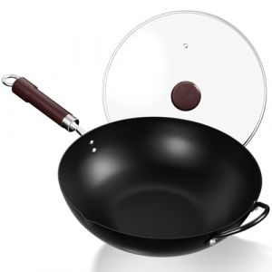 Jobin 32 cm/12,6'' Wok en Acier au Carbone Avec Couvercle, Poign&eacute;es en Bois et Acier, Permet de Cuisiner des Plats Asiatiques Pour 3 &agrave; 5 Personnes - Fond Plat (DongGuanShiZhiXuanCheFengYongPinyouXianGongSi, neuf)