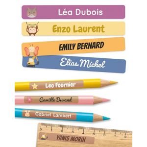 75 Etiquettes autocollantes personnalisées pour l'école - Étiquettes prénom pour crayons et matériel scolaire - Résistantes à l'eau - Couleurs Mélangées (MELU Kids, neuf)