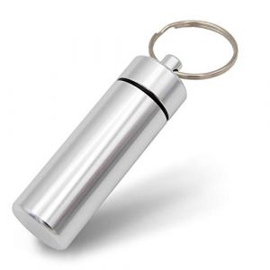 Porte-clés Aribari. Boîte à pilules en Aluminium. Boîte à comprimés de Haute qualité, Capsule imperméable à l'eau pour Les déplacements. Adresse ou étiquette Cadeau. 6 cm x 1,7 cm. Argent.. (Mopsdame, neuf)