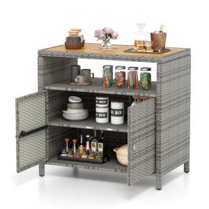 COSTWAY Armoire de Rangement Exterieur en Rotin, Armoire de Jardin avec Plateau en Bois d'Acacia Compartiment Ouvert Buffet à 2 Portes, Organisateur de Rangement pour Piscine Terrasse (Gris) (FDS GmbH, neuf)