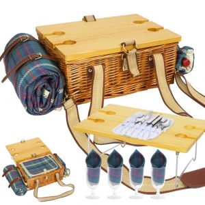 HYBDAMAI Ensemble de panier de pique-nique avec table pliante et couverts - Panier de pique-nique pour 4 personnes, avec sacs isothermes, panier tress&eacute; avec anse, panier en osier - Coffret cadeau pour (HYBDAMAI, neuf)