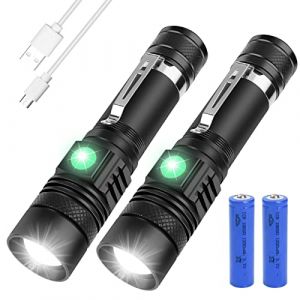 flintronic Lampe Torche Rechargeable USB, 2PCS Lampe de Poche LED, 4 Modes, Anti-Choc Étanche et Zoomable avec 2 Piles 18650 et Chargeur USB pour Ménage, Camping, Éclairage de Secours (XJYEU, neuf)