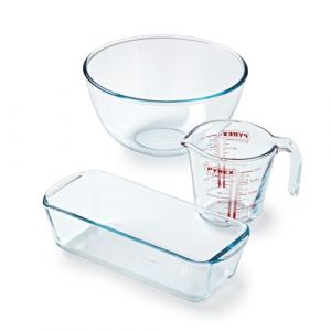 Pyrex - Kit pâtissier de 3 produits - 1 broc mesureur 0,5L + 1 bol de 2L + Moule à cake 28cm - Verre Borosilicate -Résistant aux Rayures - Made in France (International Cookware SAS, neuf)