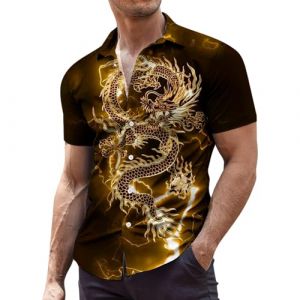 Chemise dragon à manches courtes pour homme - Imprimé dragon - Coupe droite - Chemise de loisirs chinoise 3D - Chemise à manches courtes - Boutonnière - Chemise de plage - Respirant, or, XXL (jurycsa, neuf)