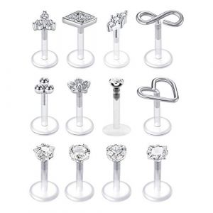 Mayhoop 12Pcs Piercing Tragus Helix Labret Studs 16G Acrylique Flexible Clair CZ avec Top Argent Retainers Clou de Oreille Tragus Cartilage Helix L&egrave;vre Femme Homme Bijoux de Piercing 6mm (Mayhoop, neuf)