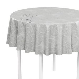 LILENO HOME Nappe lavable au m&egrave;tre - Ronde (bord coup&eacute;) - Motif feuilles graphiques - Gris - Toile cir&eacute;e imperm&eacute;able id&eacute;ale comme nappe ou chemin de table pour tente de bi&egrave;re - 140 cm (Discount-Deal24, neuf)