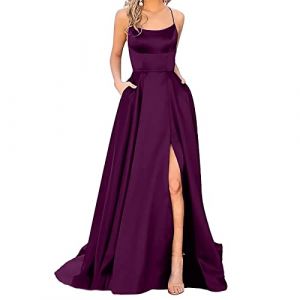 Robe De Soiree Femme Robe Ete Chic et Elegant Maxi Longue en Satin &eacute;l&eacute;gante Sexy Dos Nu Fendue Spaghetti Sangle Couleur Unie Swing pour Bal Mariage Cocktail Robe de Soir&eacute;e Longue Mariage Party Dress (GUnakd, neuf)