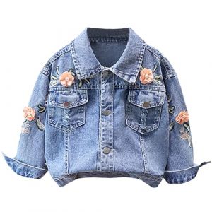 L SERVER Enfant Veste en Jean Fille Brodée Blouson en Jean Décontractée Extérieur Manteau en Jean pour Printemps et Automne, Bleu Denim A, 8-9 ans (LSERVER, neuf)