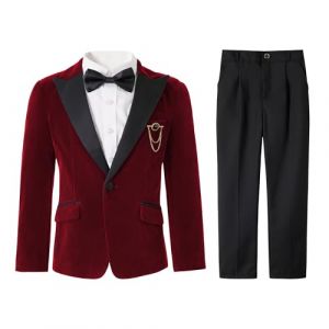 LOLANTA Costume gar&ccedil;on en Velours Bordeaux &ndash; Tenue de Mariage et f&ecirc;te de No&euml;l avec Veste, Pantalon, Chemise et n&oelig;ud Papillon (Rouge Marron,10-11 Ans, 150) (LOLANTA, neuf)
