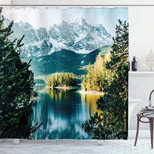 ABAKUHAUS Paysage Rideau de Douche, Montagne Frozen Lake, Tissu Ensemble de D&eacute;cor de Salle de Bain avec Crochets, 175 cm x 180 cm, Vert Blanc (Abakuhaus, neuf)