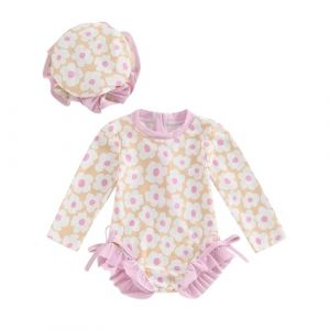 Carolilly Maillot de Bain Une Pièce Bébé Fille à Volant Imprimé Floral, Maillot de Bain Anti-UV à Manches Longues avec Chapeau (6 Mois à 3 Ans) (Rose A, 2-3 Years) (La Vie Brillante, neuf)