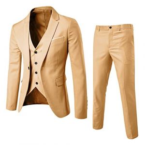 Foweknow Costume pour homme 3 pièces coupe slim fit mariage basique classique uni ensemble 3 pièces complet veste pantalon de costume gilet costume d'été coupe formelle costume blazer costume, kaki (ROTPMS, neuf)
