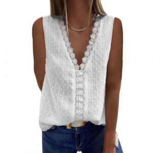 Bipily Chemisier Femme Dentelle Décontracté Col V Élégant Couleur Unie Vintage sans Manches Casual Dentelle Blouse(Blanc,L) (Bipily FR, neuf)