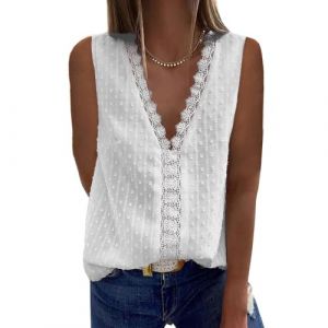 Bipily Chemisier Femme Dentelle Décontracté Col V Élégant Couleur Unie Vintage sans Manches Casual Dentelle Blouse(Blanc,L) (bipily, neuf)