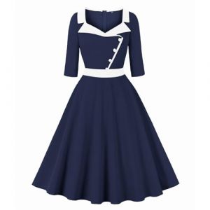 Wellwits Robe de Femmes Colliered Bouton Manches 3/4 Travail Vintage Ann&eacute;es 1940 Marine XL (Wellwits UK, neuf)