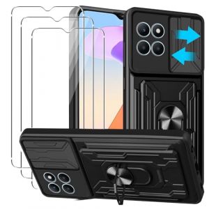 KZIOACSH Coque Honor X6a avec 3 Verre Tremp&eacute;,Heavy Duty Antichoc Bumper Housse,Couvercle de cam&eacute;ra &agrave; glissi&egrave;re+360&deg;degr&eacute;s B&eacute;quille &agrave; Bague de Rotation,Noir (Dragon-long, neuf)