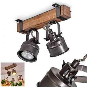 Plafonnier Pehefito, lampe en métal noir avec un abat jour en bois marron orientables et réglables, idéal dans un séjour vintage, 2xGU10, ampoule(s) non incluse(s) (hofstein, neuf)