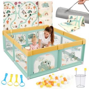 SOFTHOM Parc pour bébé 180 x 200 cm avec matelas, grand parc pour bébé avec tapis de jeu, fond antidérapant et filet respirant, aire de jeux stable et sûre, intérieur/extérieur (SOFTHOM, neuf)