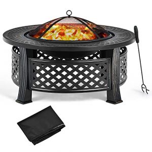 GYMAX Brasero en Métal 3 en 1, Foyer Feu Extérieur avec Pare-étincelles, Grille de Barbecue, Tisonnier, Housse de Pluie, Résistant à la Chaleur, pour Jardin, Terrasse, Camping, Pique-Nique (GYMAX EU, neuf)