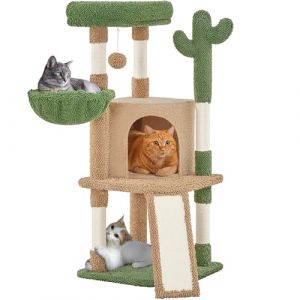 Abician Arbre à Chat, Design Cactus Tour pour Chatons avec Poteaux en Sisal Plateformes Niche Panier Perchoir Griffoirs Boule 106,5 cm Marron/Vert (Abician FR, neuf)