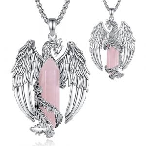 EUDORA Harmony Ball Phoenix Collier &agrave; Quartz Rose pour Femme Homme Cuivre plaqu&eacute; Argent, Pendentif Vintage Viking Celtique Flaming Phenix Amulette &agrave; Quartz Rose Bijoux Cadeaux, 20"+2" (EUDORA Harmony Ball, neuf)