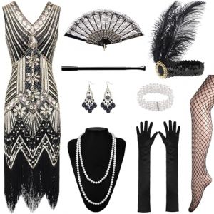 XCMVCN 12 Pièces Robe Années 1920 à col en V Inclus Accessoire Annee 20, Robe à Clapet à Franges Années avec Ensemble d'accessoires Des années 20（Noir et or,XL） (Yarong EU, neuf)