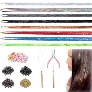 8 couleurs Kit de Guirlandes pour Cheveux avec Outils, 1,2 m Kit de guirlandes pour cheveux à paillettes pour cheveux de fée Extensions de cheveux colorées Cheveux tressés scintillants - 1600 mèches (VEINARDYL-EU., neuf)