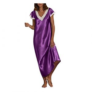 Chemise de Nuit Femme Satin Dentelle Pyjama Sexy &agrave; Col en V Profond Robe Longue Couleur Unie Grande Taille Manches Courte Robe de Nuit Coquin Nuisettes Pleine Slip Chemises Nuit Femme (UoUa1245, neuf)