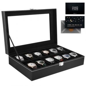 KIMIGO Bo&icirc;te &agrave; Montres &agrave; 12 Emplacements,Pr&eacute;sentoir &agrave; Montres,Boite Rangement Montre,Coffret &agrave; Montres avec Couvercle en Verre,Coussinets Amovibles,Cadeaux de No&euml;l pour hommes et femmes (Fluttuante Kft, neuf)