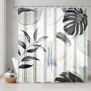 Rideau Douche Anti Moisissure, Uiiooazy Rideau Douche 180x180cm Noir Tropicale Feuilles de Palmier Jungle Abstrait Rideaux de Baignoire Tissu Lavable Imperm&eacute;able Rideaux Salle de Bain avec 12 Crochets (dongguibinjingpinxiaodianpu, neuf)