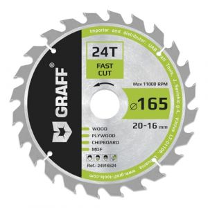 GRAFF Lame de scie circulaire à bois 165 x 20 mm 24 Dents (anneau 16 mm) - Idéale pour Fines Dans le Bois Tendre et Dur - Compatible Scies À Onglets Et Scies De Table avec Dewalt Makita Bosch (UAB Handproftools, neuf)