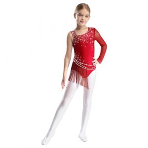 Linyuir M&auml;dchen Paillettes Patinage Artistique Maillot Gymnastique Justaucorps Avec Jupe Franges Irr&eacute;guli&egrave;res Manches Longues Sans Manches Robe De Ballet Tenue De Bourgogne 15-16 ans (Linyuir, neuf)