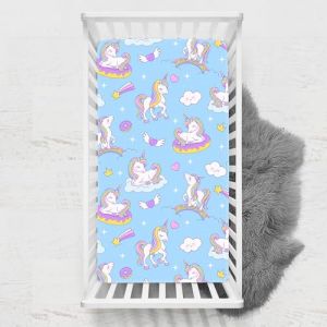 Odot Drap Housse pour Lit de Bébé, Impression de Licorne Draps Housses Enfants Respirant Douce Extensible Protège Matelas pour Lit Bébé, Berceau, Lit Parapluie (70x140 cm,bleu) (Odot, neuf)