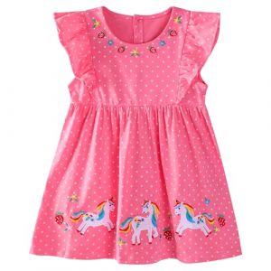 FILOWA Robe pour Fille Coton Manches Volantes Robes Ete Enfant Licorne Fleur Fraise Broderie Tenue Douce Animaux Polka Dot Imprim&eacute; Printemps Parc Anniversaire F&ecirc;te Mode V&ecirc;tements 7-8 Ans, Rouge (FILOWA, neuf)