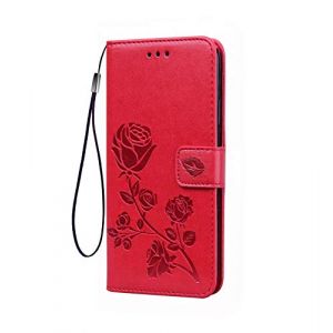 GOKEN Coque pour Huawei Honor X7a, Housse TPU/PU Flip Portefeuille Cuir Portefeuille Étui avec Carte Fente/Stand Fonction, 3D Rose Magnétique Protection Case Cover, Rouge (ALIDOU, neuf)
