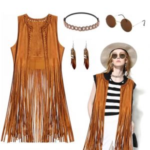 JRTYMLU Deguisement Hippie Femme,D&eacute;guisement Cowboy Femme Gilet en Faux Daim avec Bandeau,Jambi&egrave;res,Tenue Boho Chic pour Carnaval, Halloween, Festival & Soir&eacute;e D&eacute;guis&eacute;e R&eacute;tro-XXL (NAC SHOP, neuf)